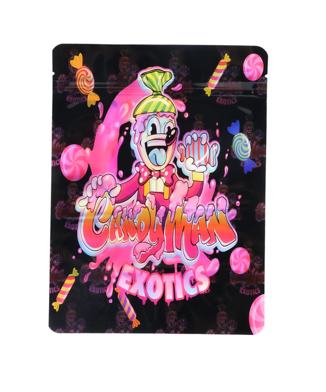 Mylar Bag Colorful packaging with a cartoon character and 'Candy Exotics' text on a black background