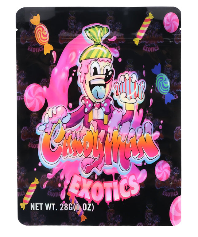 Mylar Bag Candy-themed product packaging with a cartoon character on a black background