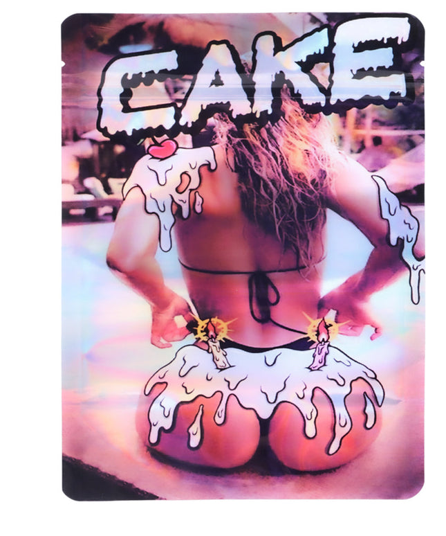 Large mylar bags, herb Mylar Bags, Mylar Bags 28 grams, Where to buy mylar bags, Custom mylar bags near me.  Person in a bikini with 'CAKE' text and cake graphics on a colorful background