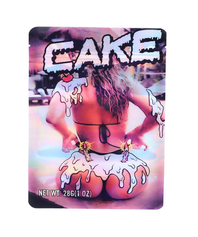 Large mylar bags, herb Mylar Bags, Mylar Bags 28 grams, Where to buy mylar bags, Custom mylar bags near me.  Product packaging with a stylized design of a person and the word 'CAKE' on a colorful background.