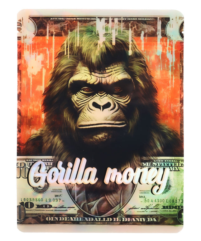 Large mylar bags, herb Mylar Bags, Mylar Bags 28 grams, Where to buy mylar bags, Custom mylar bags near me.  Gorilla-themed product with 'Gorilla money' text on a colorful background