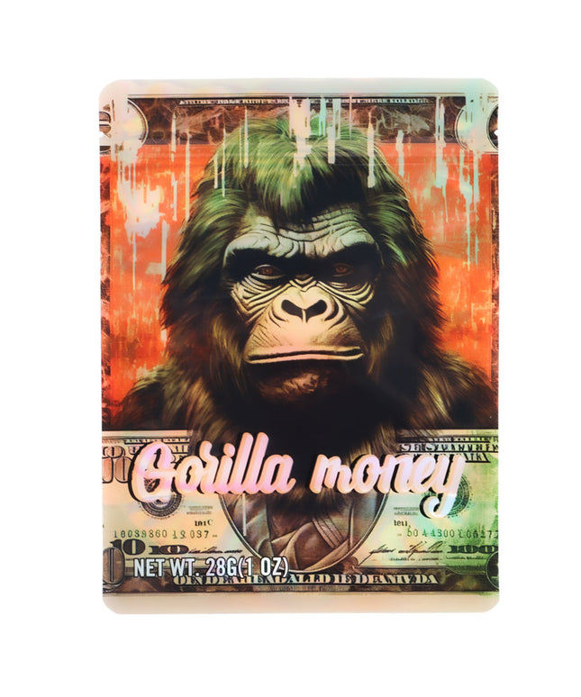 Large mylar bags, herb Mylar Bags, Mylar Bags 28 grams, Where to buy mylar bags, Custom mylar bags near me.  Tin container with a gorilla design and 'Gorilla money' text on a colorful background