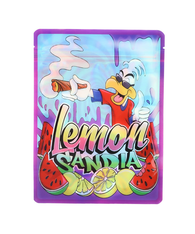Mylar Bag Colorful packaging with a cartoon character and 'Lemon Sandia' text on a white background