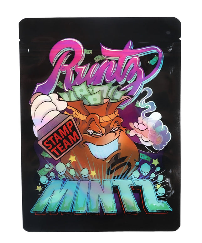 Mylar Bag Colorful packaging with a cartoon character and text on a black background