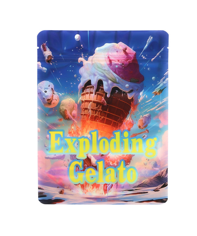 Large mylar bags, herb Mylar Bags, Mylar Bags 28 grams, Where to buy mylar bags, Custom mylar bags near me.  Colorful ice cream cone with 'Exploding Gelato' text against a vibrant background
