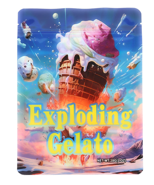 Large mylar bags, herb Mylar Bags, Mylar Bags 28 grams, Where to buy mylar bags, Custom mylar bags near me.  Colorful packaging of 'Exploding Gelato' with ice cream graphics on a white background
