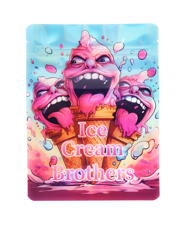 Large mylar bags, herb Mylar Bags, Mylar Bags 28 grams, Where to buy mylar bags, Custom mylar bags near me.  Cartoon ice cream characters with 'Ice Cream Brothers' text on a colorful background