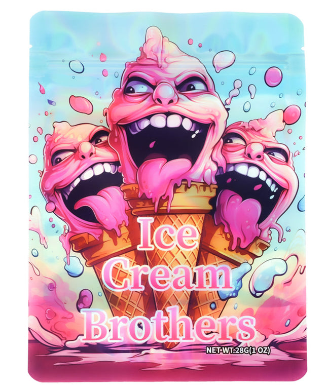 Large mylar bags, herb Mylar Bags, Mylar Bags 28 grams, Where to buy mylar bags, Custom mylar bags near me.  Cartoon ice cream cone with three faces on a colorful background, labeled 'Ice Cream Brothers'.