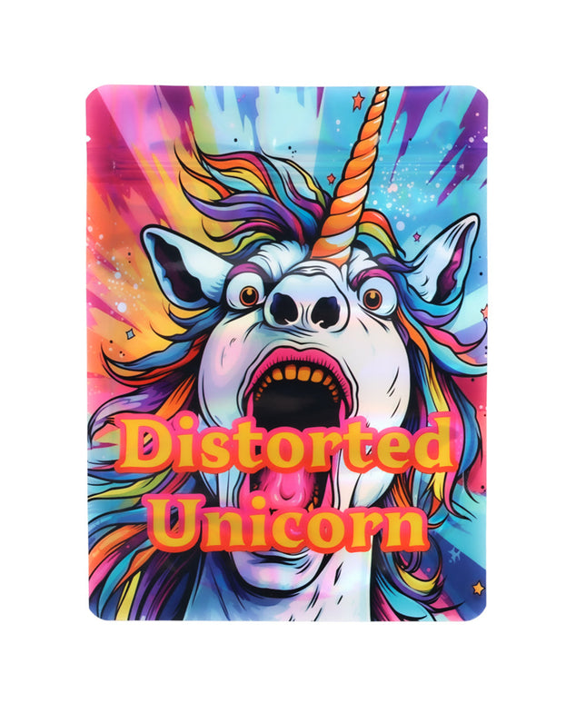 Mylar Bag Colorful unicorn with a distorted expression on a vibrant background, featuring the text 'Distorted Unicorn'.