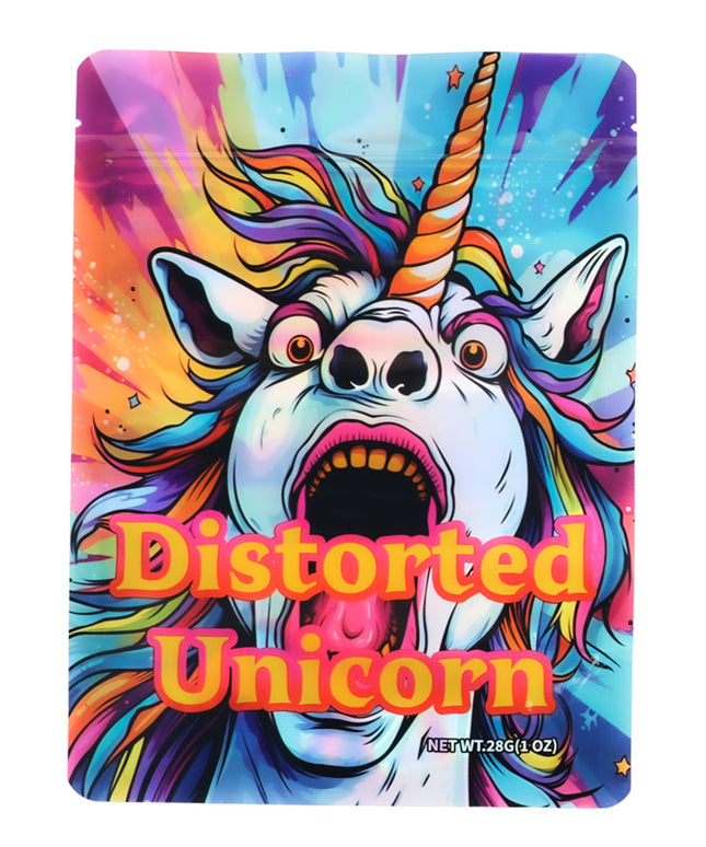 Mylar Bag Colorful packaging with a unicorn design and 'Distorted Unicorn' text on a white background