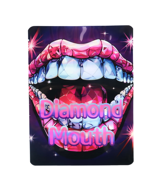 Mylar Bag Illustration of a mouth with diamond-studded teeth and 'Diamond Mouth' text on a dark background