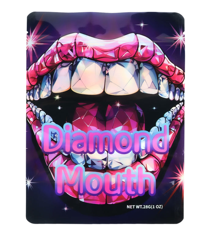 Mylar Bag Product packaging with a design of diamond-studded lips and the text 'Diamond Mouth' on a dark background.