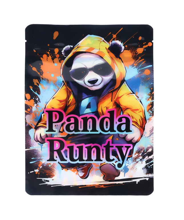 Large mylar bags, herb Mylar Bags, Mylar Bags 28 grams, Where to buy mylar bags, Custom mylar bags near me.  Panda character in a colorful hoodie with 'Panda Runty' text on a dynamic background