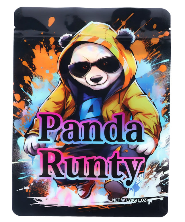 Large mylar bags, herb Mylar Bags, Mylar Bags 28 grams, Where to buy mylar bags, Custom mylar bags near me.  Panda Runty product packaging with colorful design and bear illustration.