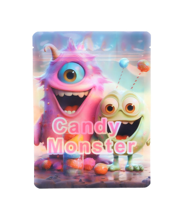 Mylar Bag Colorful candy monster packaging with 'Candy Monster' text on a white background
