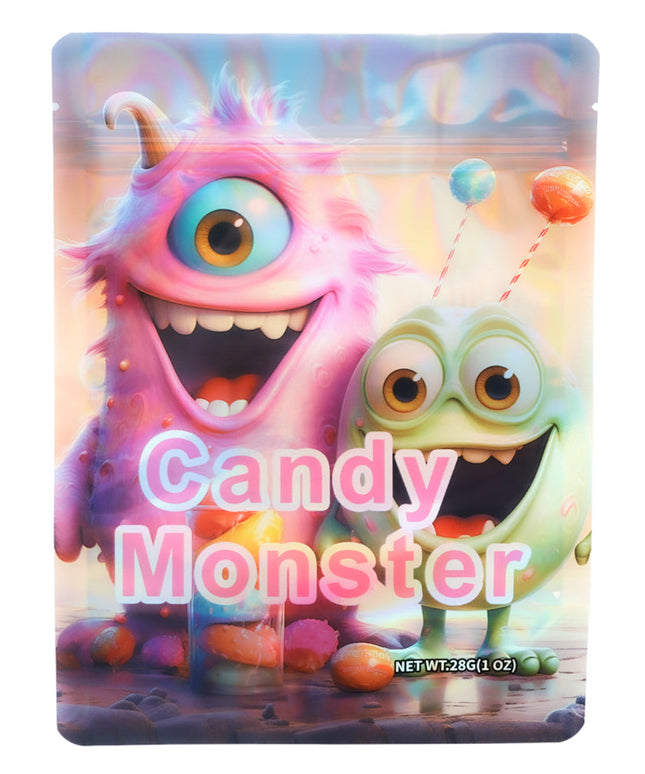 Mylar Bag Candy Monster packaging with two colorful monsters on a pastel background