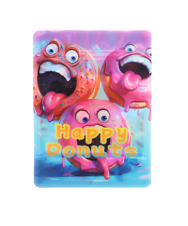 Mylar Bag Cartoon donuts with a 'Happy Donuts' text on a colorful background