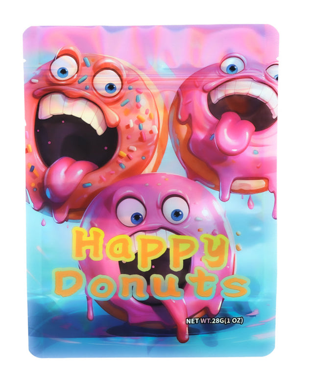 Mylar Bag Colorful packaging of 'Happy Donuts' with cartoonish donut characters on a white background.