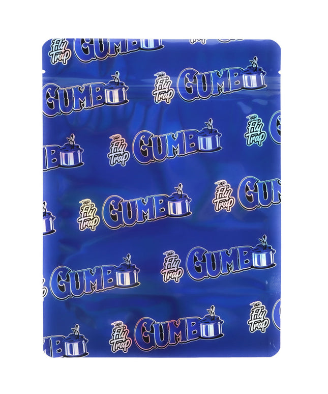 Mylar Bag Blue blanket with 'Gumbo' and 'Fly Trap' logos on a white background