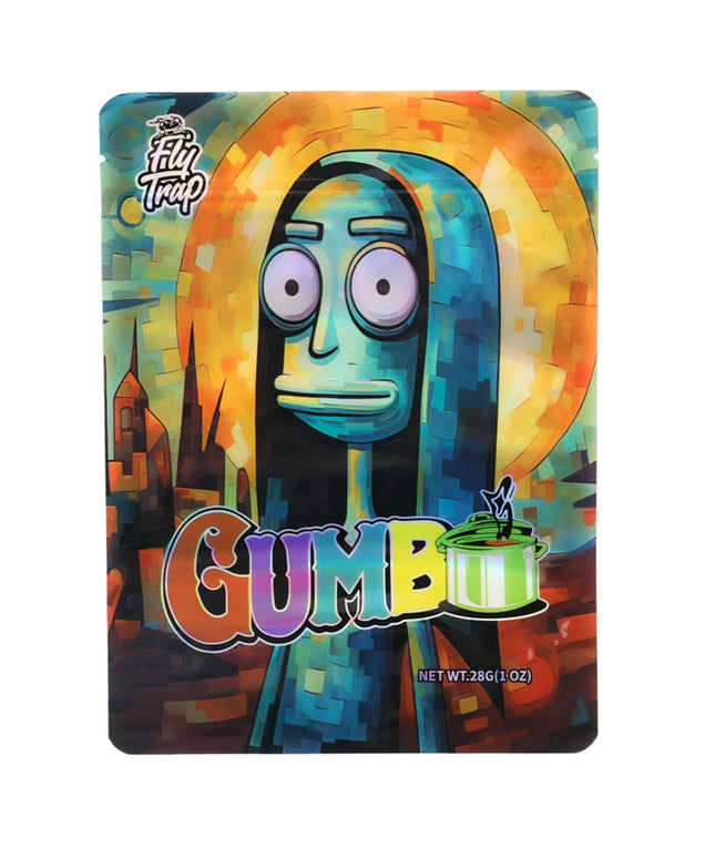 Mylar Bag Colorful packaging of Gumbo with a stylized character and 'Fifty Tramp' branding.