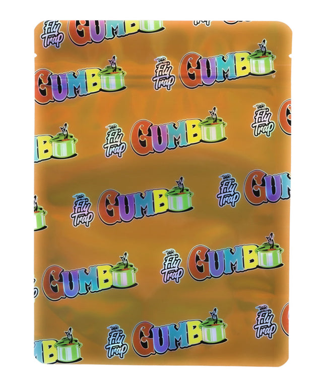 Mylar Bag Packaging with 'Gumbo' and 'Filly Trap' branding on a brown background