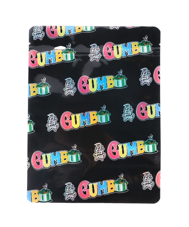 Mylar Bag Black surface with colorful 'Gumbo' text and logo pattern