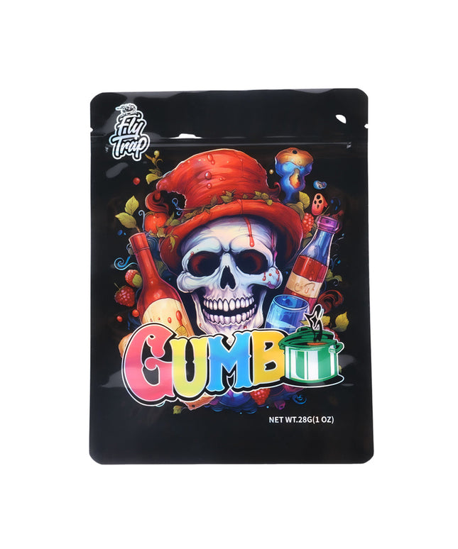 Mylar Bag Gummy candy package with a skull design and colorful text on a black background
