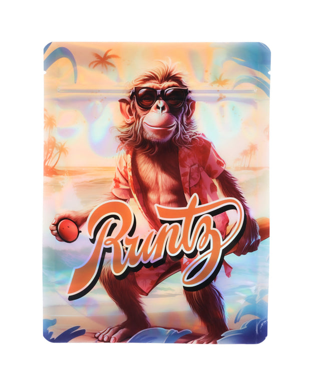 Large mylar bags, herb Mylar Bags, Mylar Bags 28 grams. Cartoon monkey character with sunglasses and 'Runts' logo against a colorful beach background