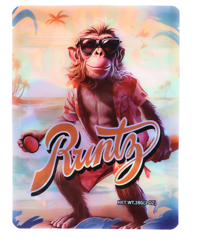 Packaging of a Mylar Bag 28G product featuring a monkey character with sunglasses and the brand name 'Runtz' on a colorful background.