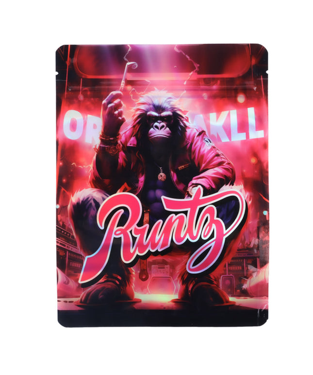 Large mylar bags, herb Mylar Bags, Mylar Bags 28 grams. Gorilla character on a colorful background with 'Runtz' branding