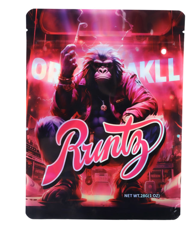 Large mylar bags, herb Mylar Bags, Mylar Bags 28 grams. Drug packaging with a monkey graphic and vibrant colors on a white background