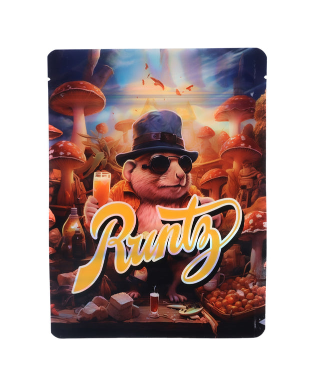Large mylar bags, herb Mylar Bags, Mylar Bags 28 grams. Product packaging with a cartoon character and 'Runtz' branding in a colorful setting.
