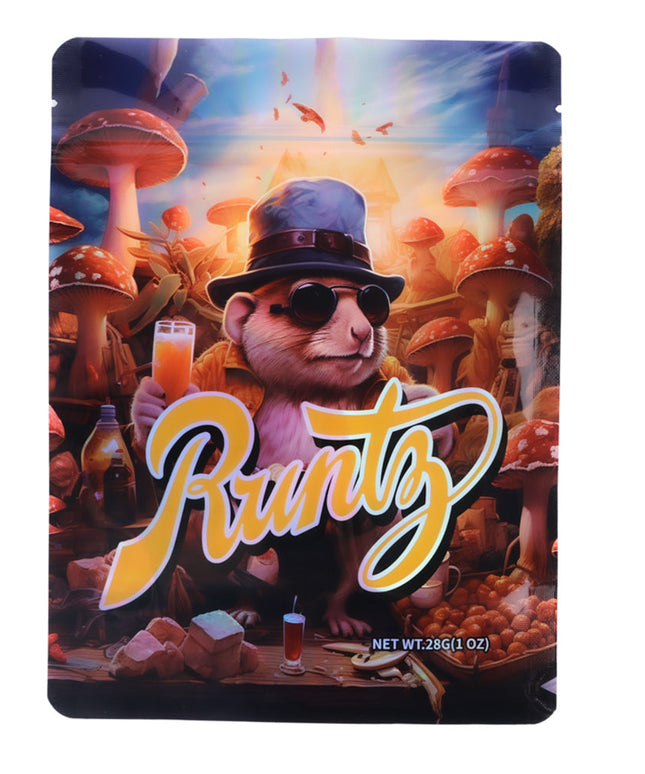 Large mylar bags, herb Mylar Bags, Mylar Bags 28 grams. Runtz herb product packaging with a cartoon character and mushroom-themed background
