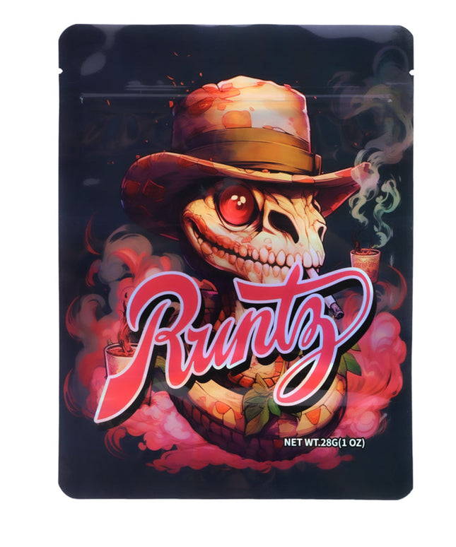 Large mylar bags, herb Mylar Bags, Mylar Bags 28 grams, Where to buy mylar bags, Custom mylar bags near me.  Runtz herb packaging with a skull wearing a hat and smoking a joint on a dark background.