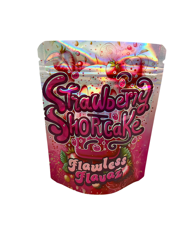 3.5G Mylar Bags, herb Mylar Bags, Where to buy mylar bags, Custom mylar bags near me, Mylar Bags Wholesale. Colorful packaging of Strawberry Shortcake with vibrant pink and multicolor design on a white background