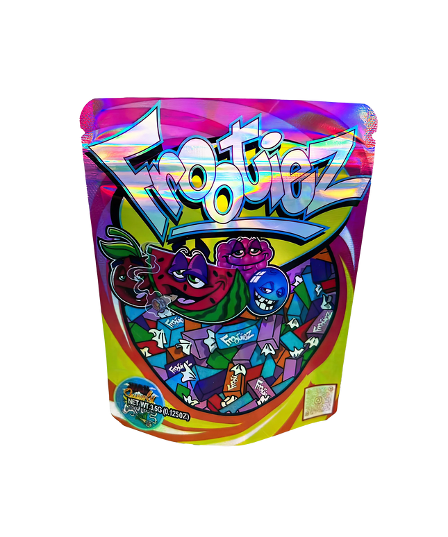3.5G Mylar Bags, herb Mylar Bags, Where to buy mylar bags, Custom mylar bags near me, Mylar Bags Wholesale. Colorful packaging of Frootie Z candy with cartoon characters on a white background
