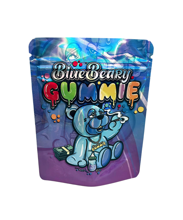 3.5G Mylar Bags, herb Mylar Bags, Where to buy mylar bags, Custom mylar bags near me, Mylar Bags Wholesale. BlueBeary Gummy packaging with a cartoon bear character on a white background
