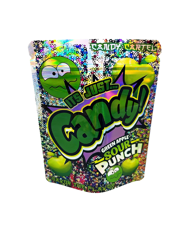 3.5G Mylar Bags, herb Mylar Bags, Where to buy mylar bags, Custom mylar bags near me, Mylar Bags Wholesale. Colorful candy bag with 'It's Just Candy!' branding and green apple sour punch flavor text.