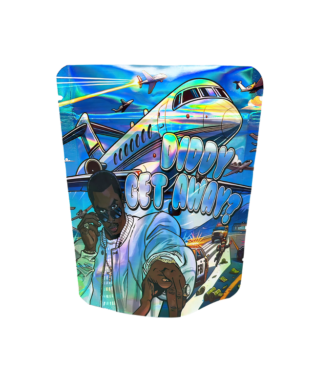 3.5G Mylar Bags, herb Mylar Bags, Where to buy mylar bags, Custom mylar bags near me, Mylar Bags Wholesale. Colorful product packaging with airplane and people design, featuring text 'Diddy Get Away?'.