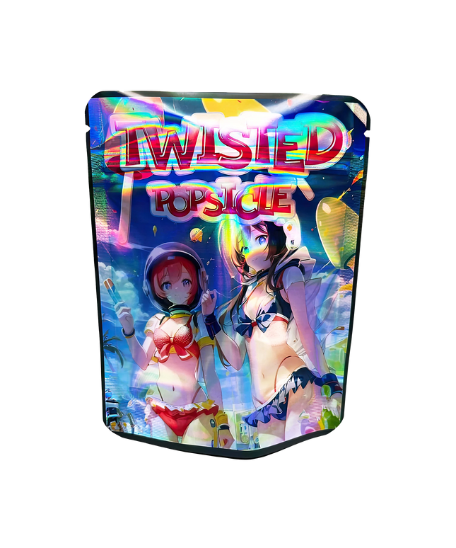 3.5G Mylar Bags, herb Mylar Bags, Where to buy mylar bags, Custom mylar bags near me, Mylar Bags Wholesale. Colorful packaging for 'Twisted Popsicle' with animated characters on a white background