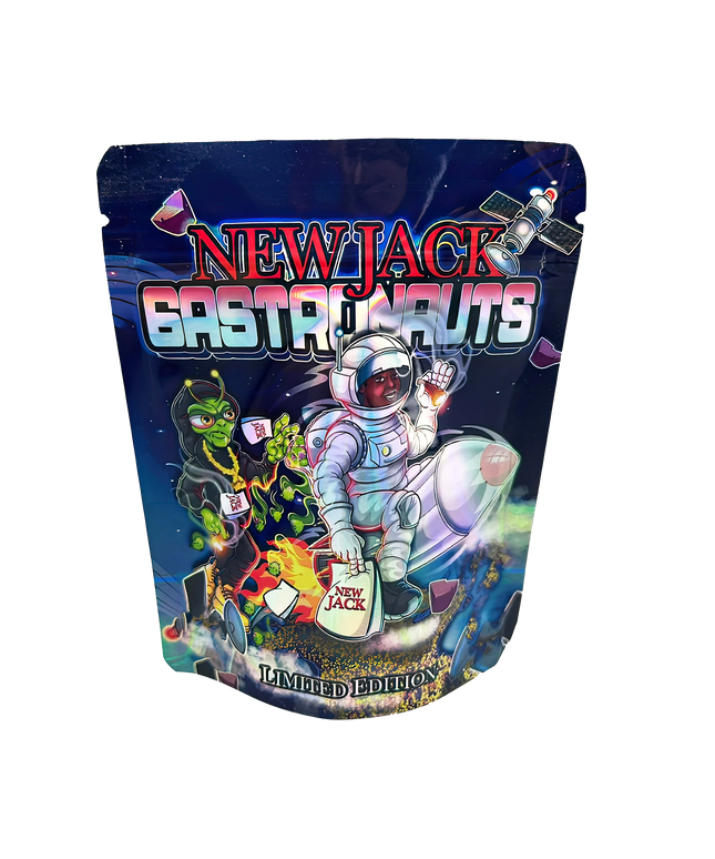 3.5G Mylar Bags, herb Mylar Bags, Where to buy mylar bags, Custom mylar bags near me, Mylar Bags Wholesale. Colorful packaging of New Jack Gastro Nut with space-themed design and astronaut illustration.