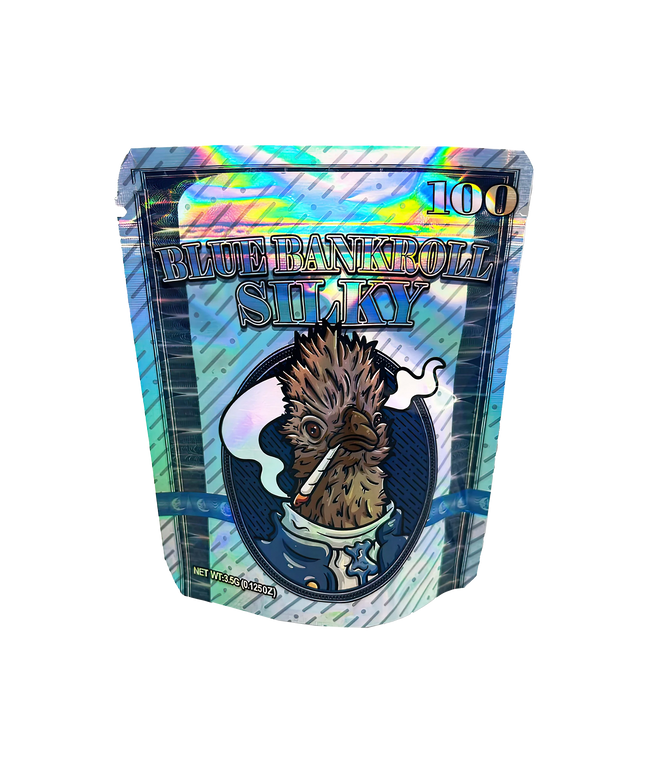 3.5G Mylar Bags, herb Mylar Bags, Where to buy mylar bags, Custom mylar bags near me, Mylar Bags Wholesale. Holographic packaging with a cartoon character and 'Blue Bankroll Silky' text on a white background