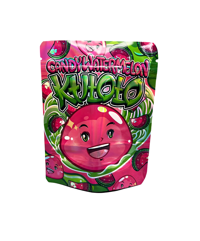 3.5G Mylar Bags, herb Mylar Bags, Where to buy mylar bags, Custom mylar bags near me, Mylar Bags Wholesale. Kaholo candy watermelon flavor packaging on a white background