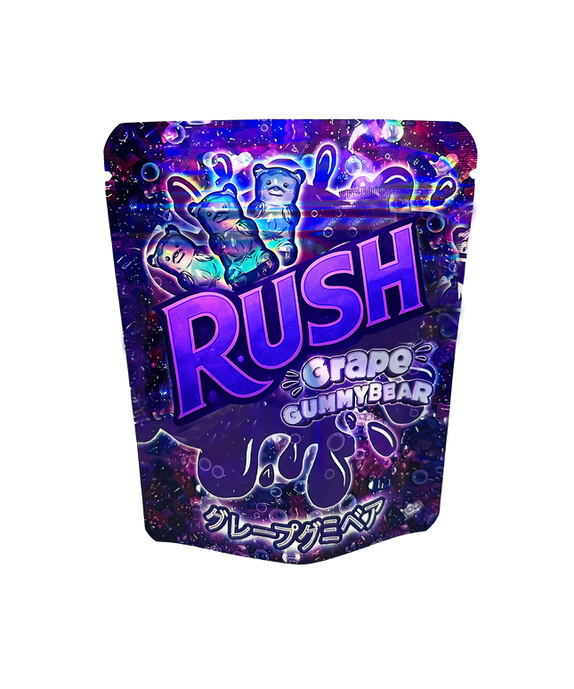 Mylar Bags Gummy bear package with 'Rush' branding on a white background