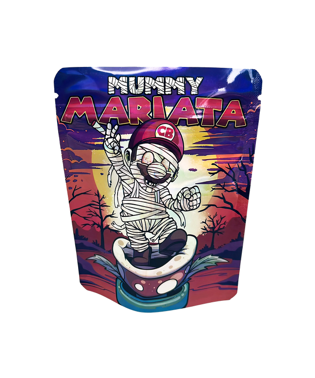 3.5G Mylar Bags, herb Mylar Bags, Where to buy mylar bags, Custom mylar bags near me, Mylar Bags Wholesale. Colorful packaging with a mummy character and 'Mummy Mariata' text on a white background