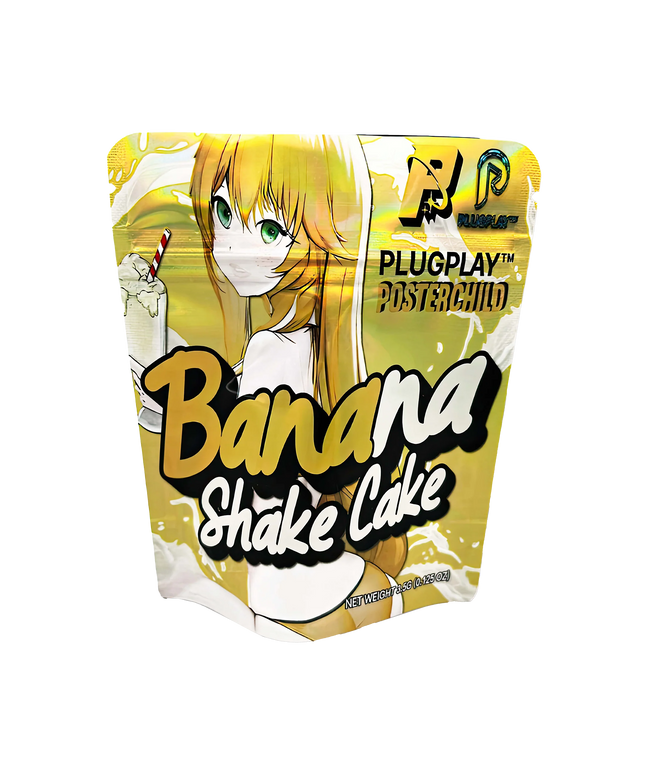 3.5G Mylar Bags, herb Mylar Bags, Where to buy mylar bags, Custom mylar bags near me, Mylar Bags Wholesale. Packaging of Banana Shake Cake with anime character and 'Plugplay' branding