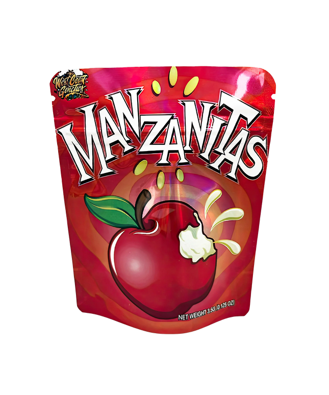 3.5G Mylar Bags, herb Mylar Bags, Where to buy mylar bags, Custom mylar bags near me, Mylar Bags Wholesale. Red packaging of 'Manzanas' with an apple illustration on a white background