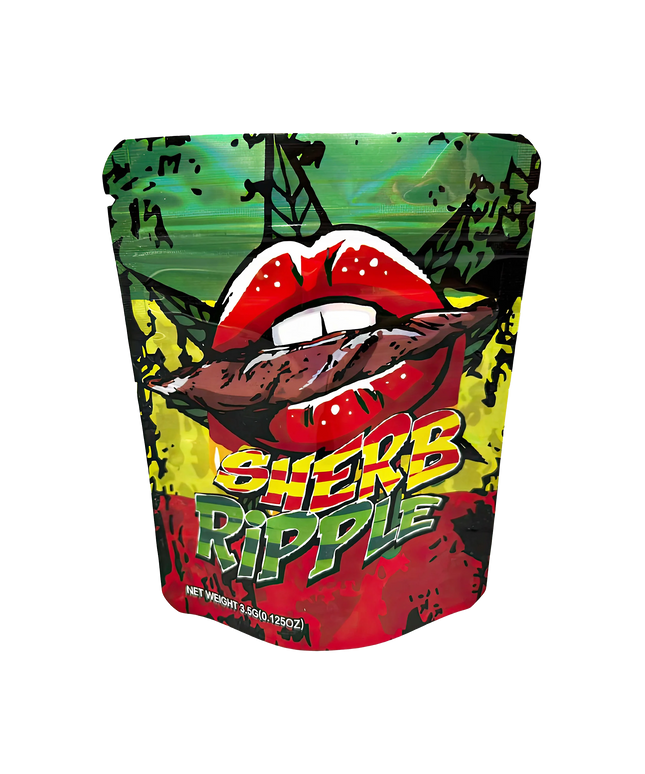 3.5G Mylar Bags, herb Mylar Bags, Where to buy mylar bags, Custom mylar bags near me, Mylar Bags Wholesale. Colorful packaging with a mouth graphic and 'Sherb Ripple' text on a white background