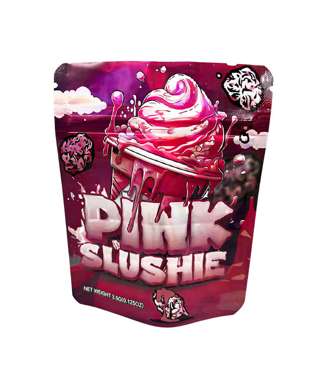 3.5G Mylar Bags, herb Mylar Bags, Where to buy mylar bags, Custom mylar bags near me, Mylar Bags Wholesale. Pink slushie package with ice cream illustration on a white background