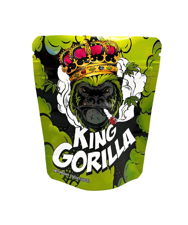 3.5G Mylar Bags, herb Mylar Bags, Where to buy mylar bags, Custom mylar bags near me, Mylar Bags Wholesale. King Gorilla packaging with a gorilla wearing a crown on a green background